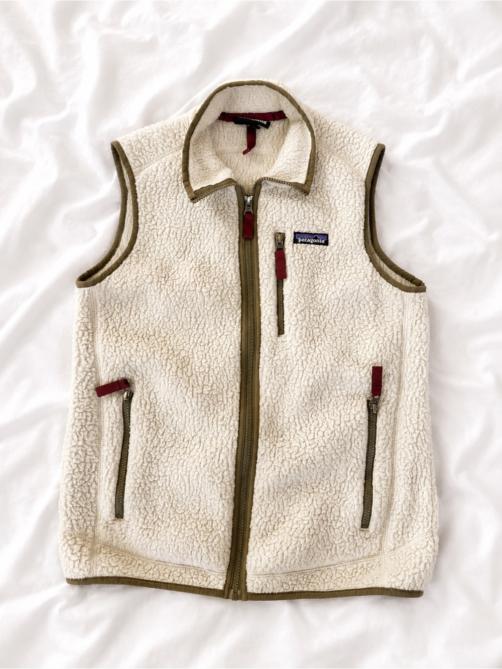 Patagonia Cream Sherpa Fleece Vest with Olive Trim